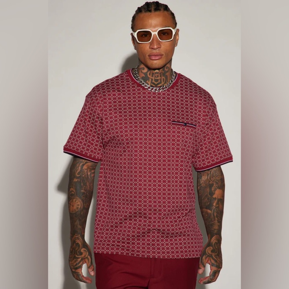 Men's Patterned Shirt - Burgundy- Sz L